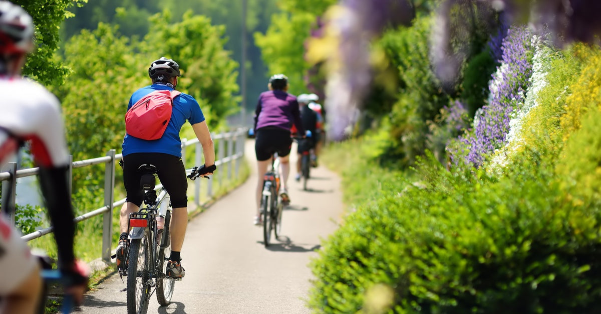 A group of cyclists ride their bikes through a lush green park down a concrete paved path with a railing on one side.