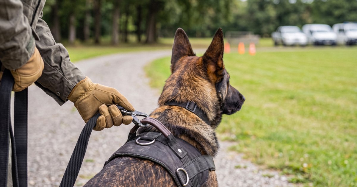 A German Shepherd wearing a black tactical harness walks on a leash along a gravel path beside a grassy field.