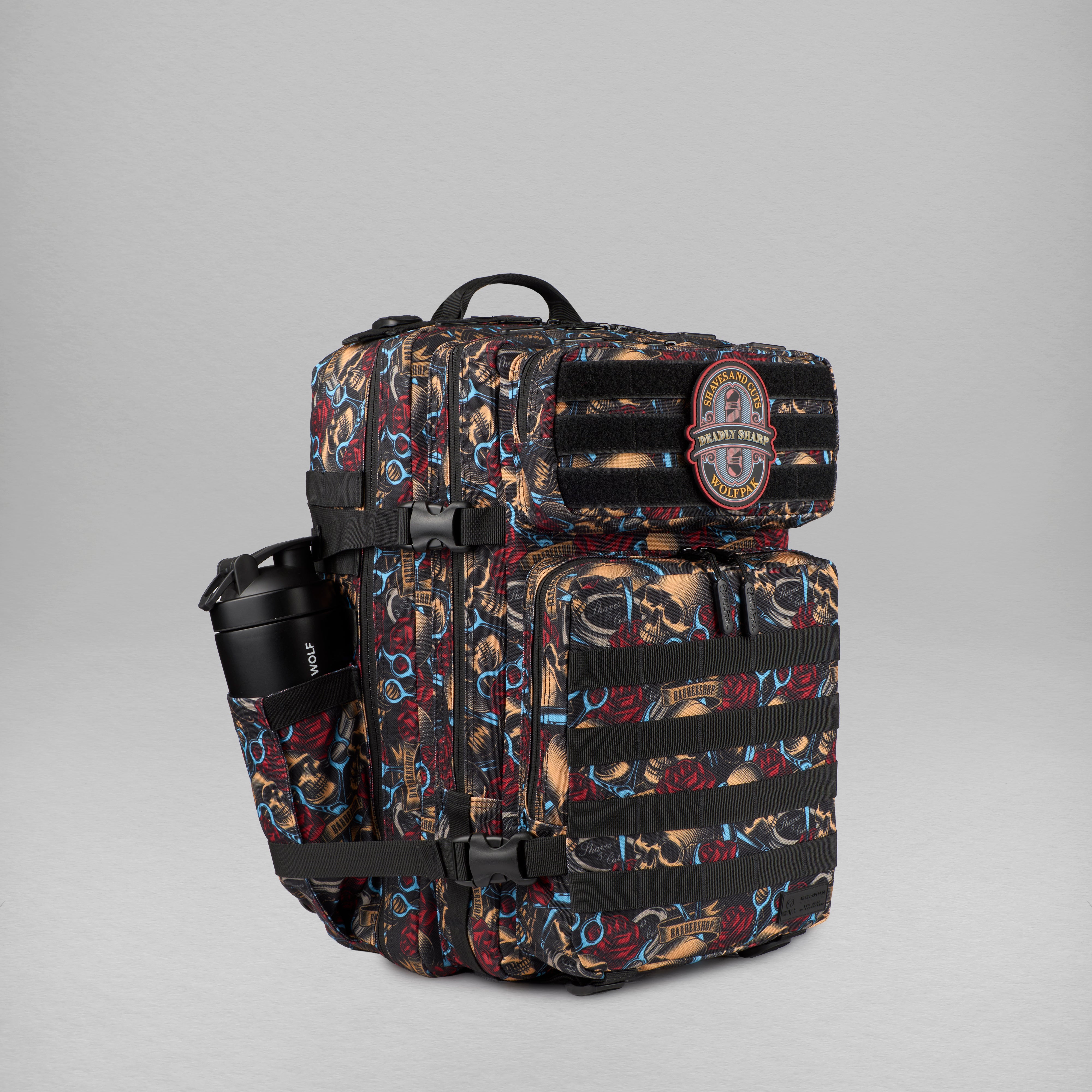 Multicolored backpack with a visible brand logo on a gray background