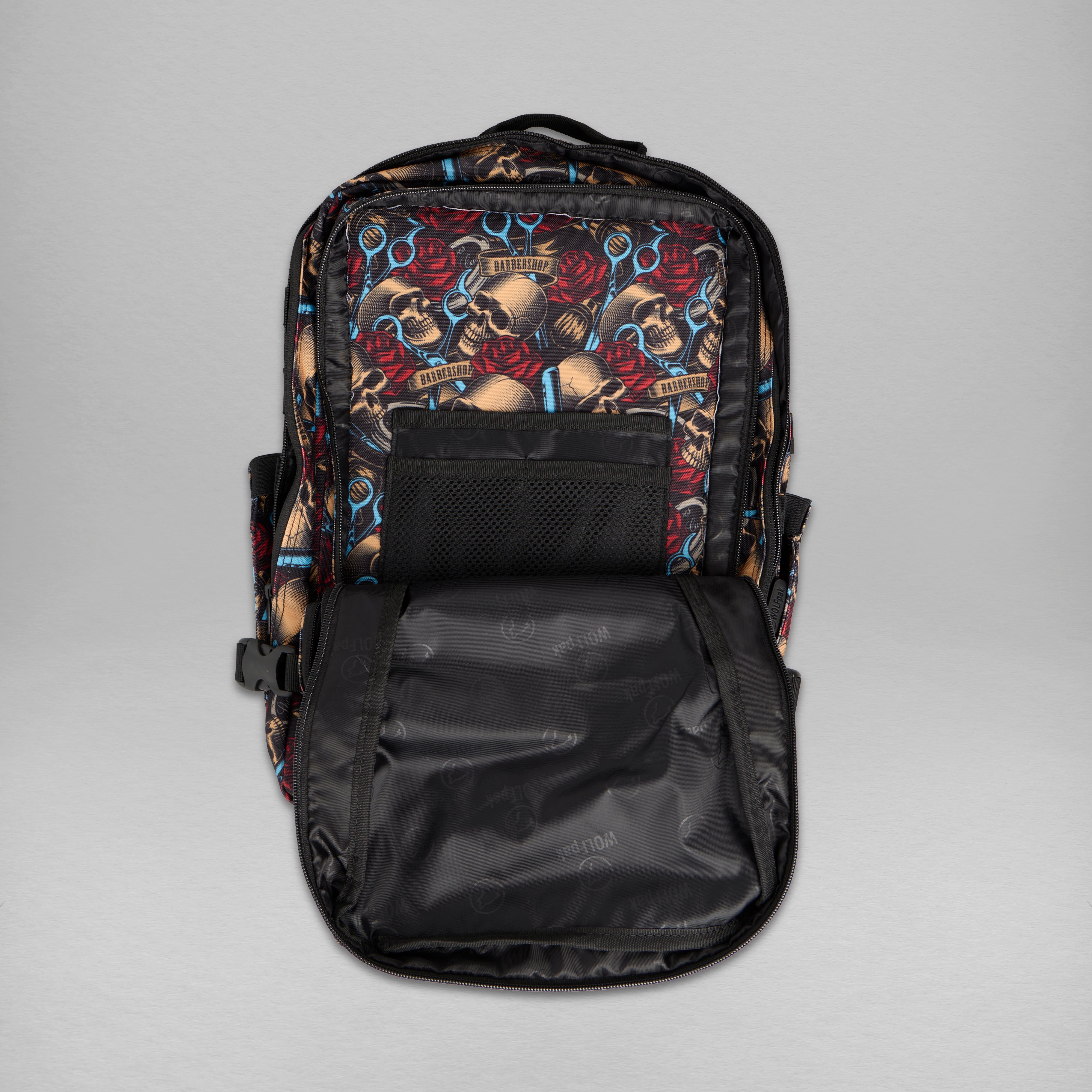 Backpack with skull and crossbones pattern on a gray background