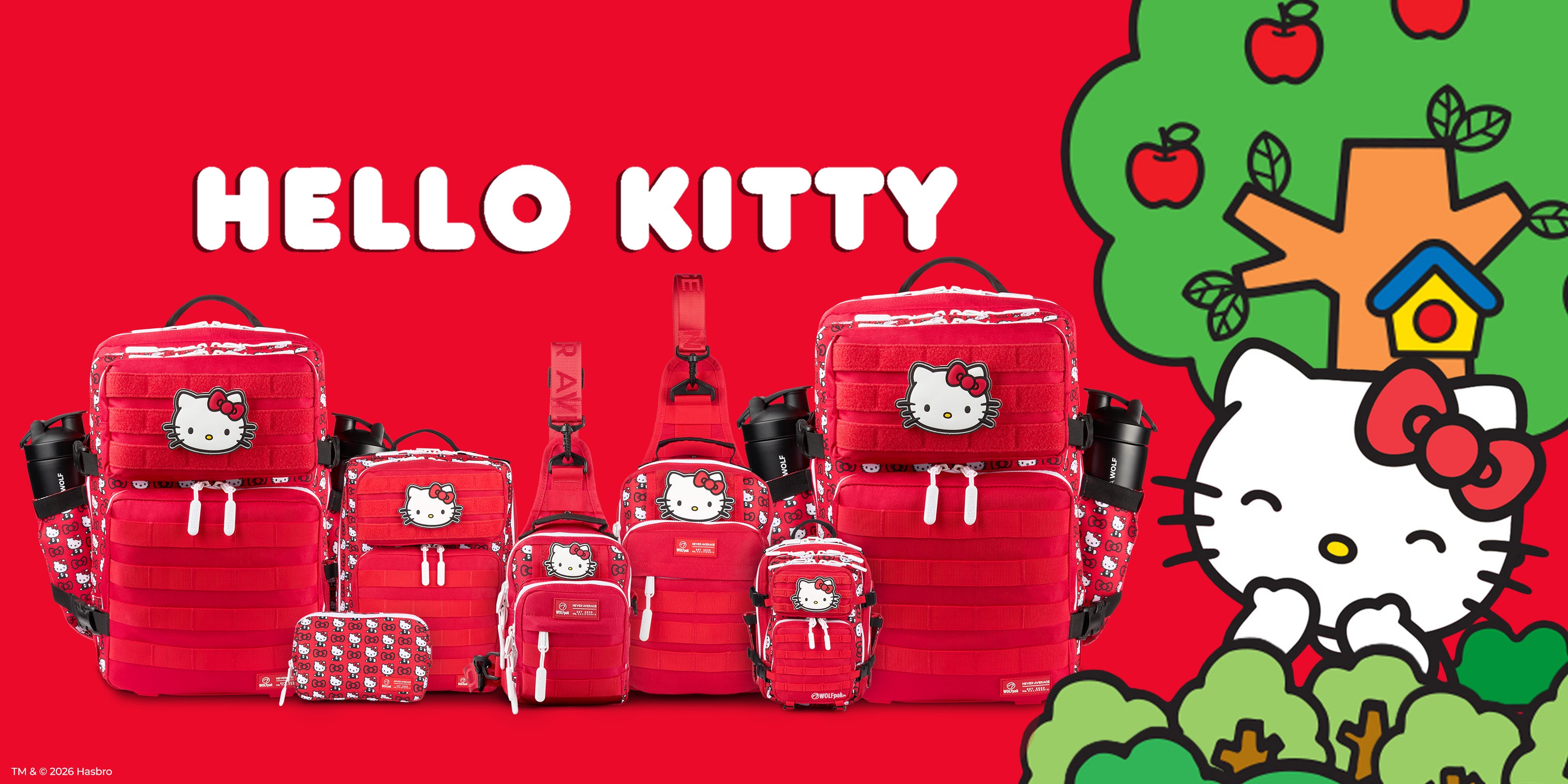 A collection of red Hello Kitty backpacks and bags displayed against a bright red background with the 'HELLO KITTY' logo. The right side features a cartoon illustration of Hello Kitty under a green apple tree.