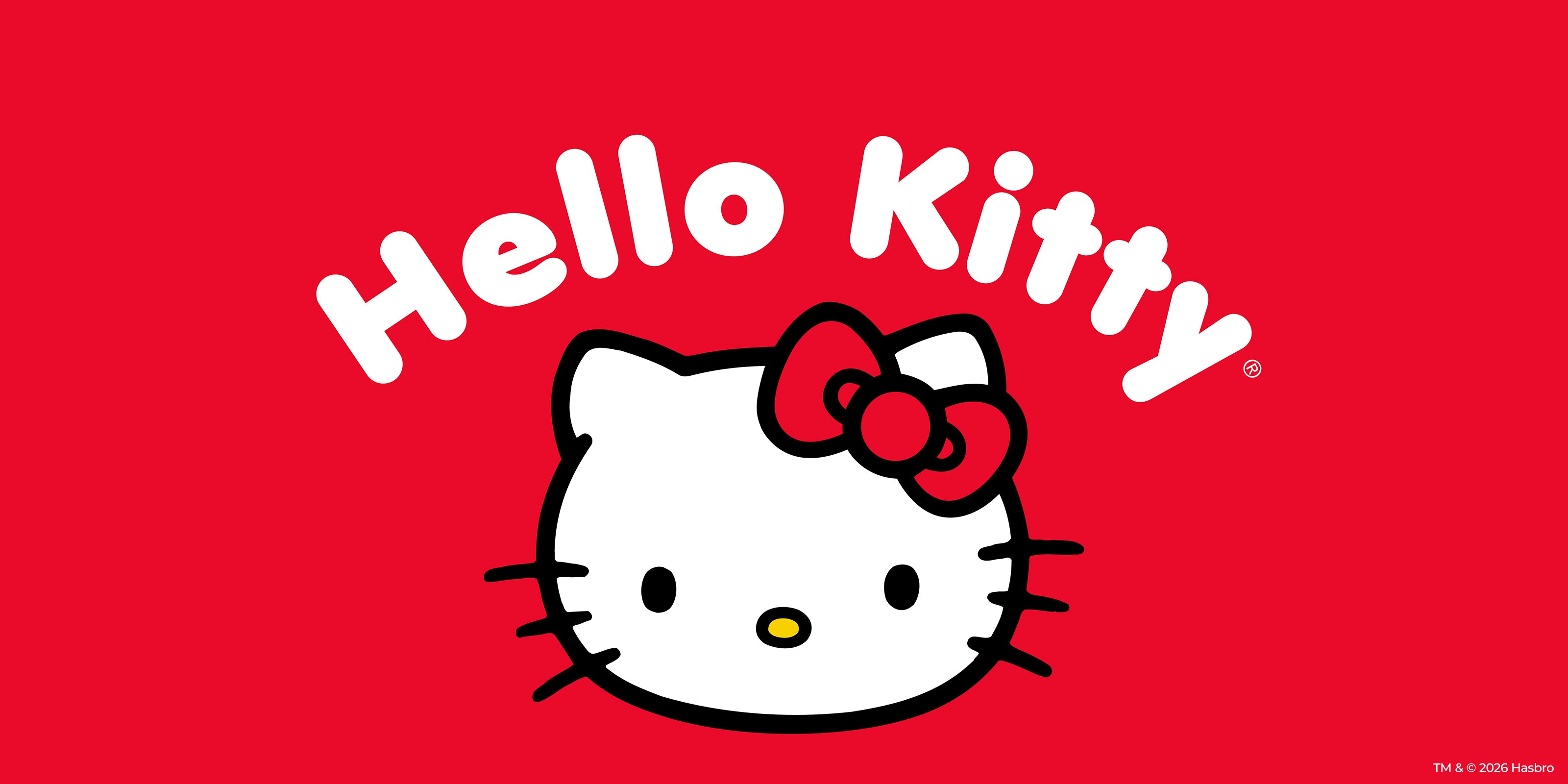 Hello Kitty logo and character graphic on a solid red background, with the white Hello Kitty face, black outlines, and red bow beneath the white 'Hello Kitty' text.