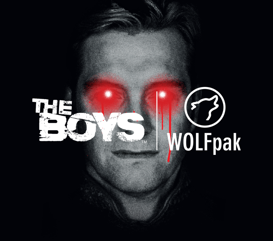 Promotional graphic for 'The Boys' with a character's face and Wolfpack logo, featuring colorful backpacks on a red background.