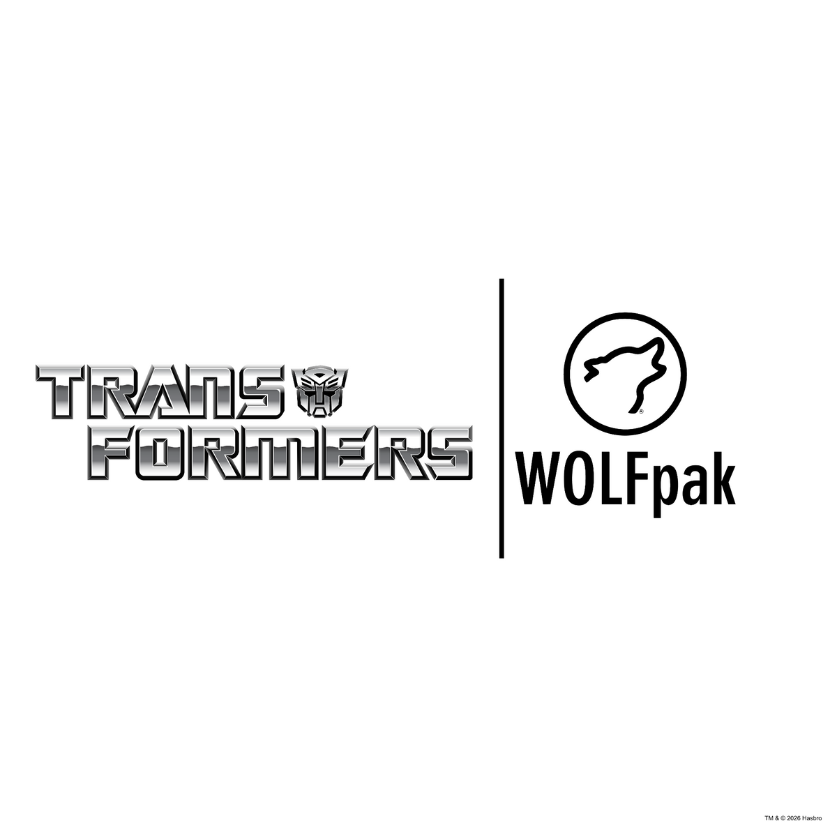 A black and white graphic featuring the 'Transformers' Decepticon logo on the left and the 'WOLFpak' logo on the right, separated by a vertical black line on a plain white background.
