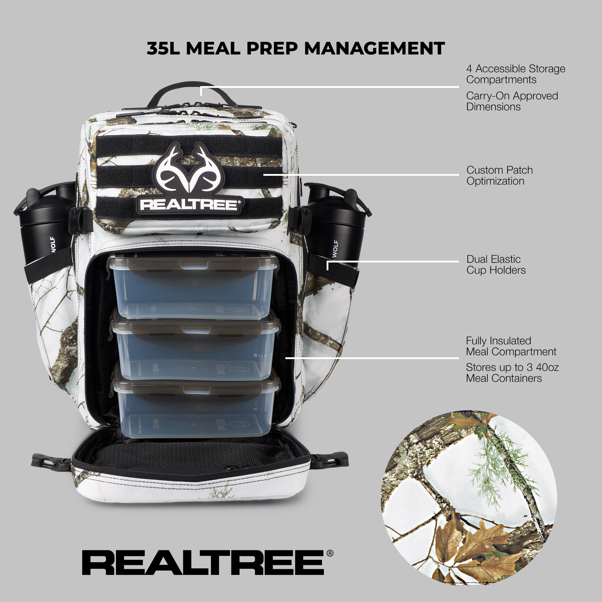 35L Meal Prep Backpack with Realtree logo and features on a gray background