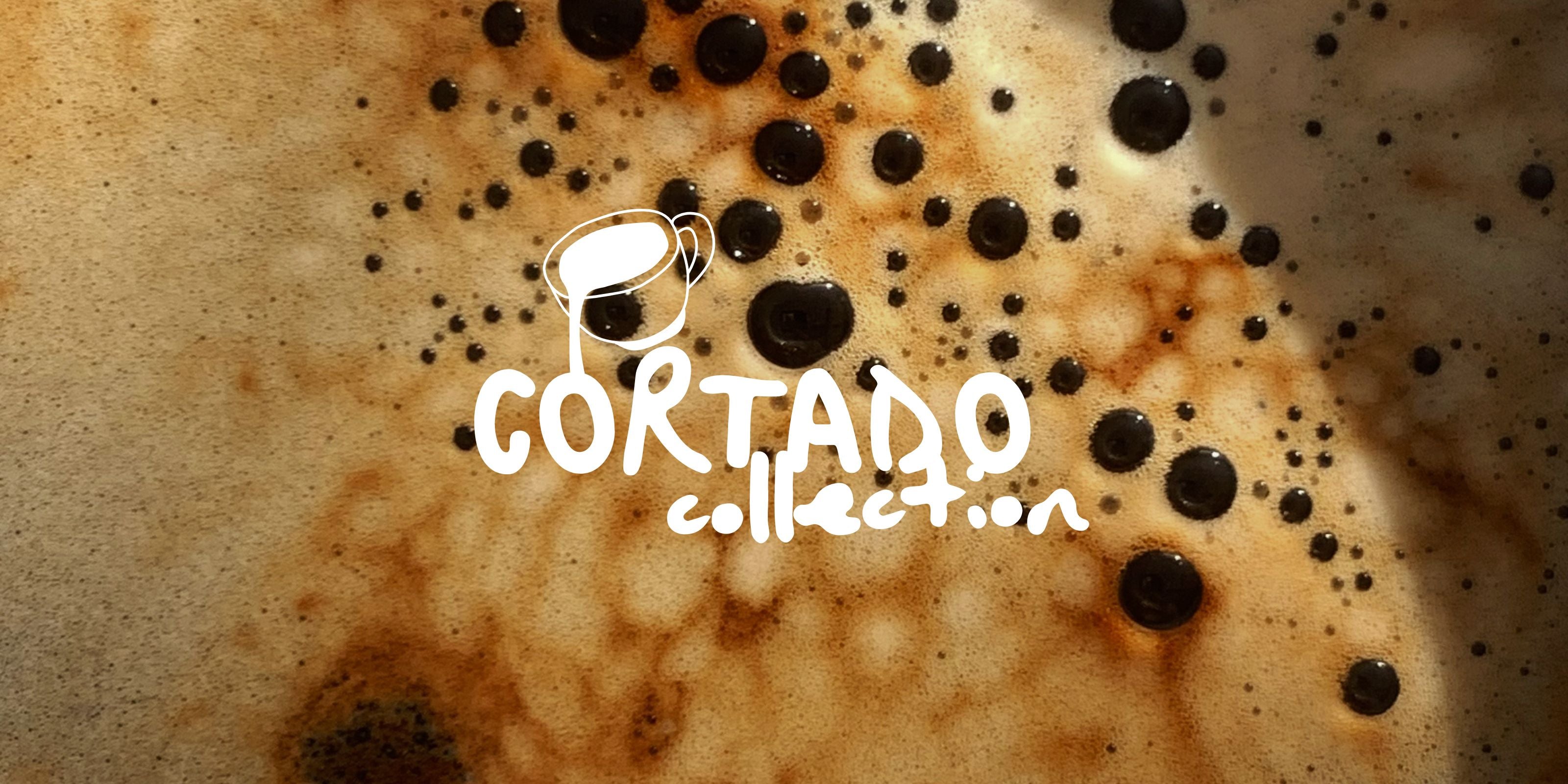 A close-up of a coffee drink with thick foam and dark coffee droplets, overlaid with the text 'CORTADO collection' and a small coffee cup icon.