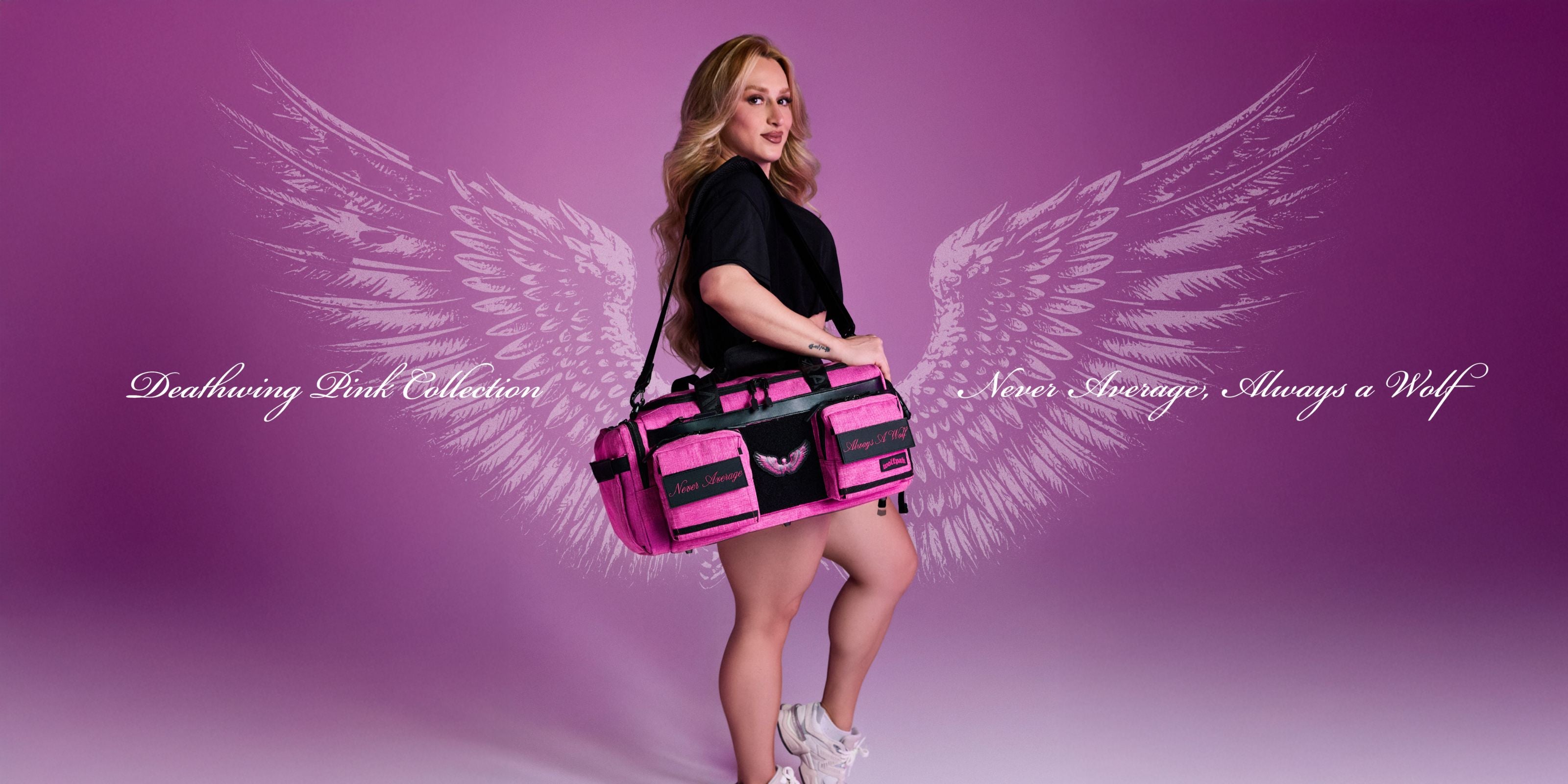 Woman holding a pink and black bag with angel wings on a purple background