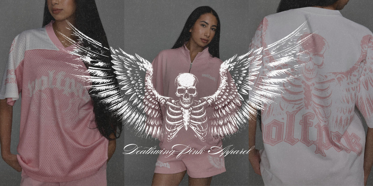 Deathwing Pink Apparel collection, featuring a Jersey, matching shorts, and a white t-shirt with a pink winged skeleton graphic.