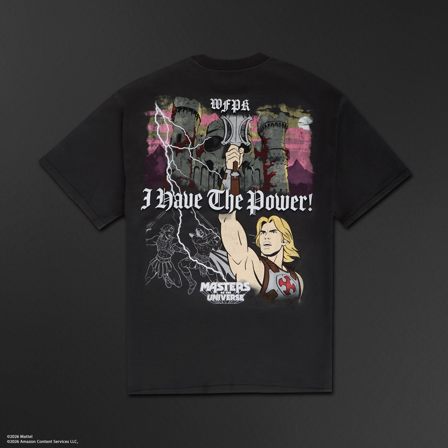 Black t-shirt with graphic design featuring a character holding a sword and text on a dark background