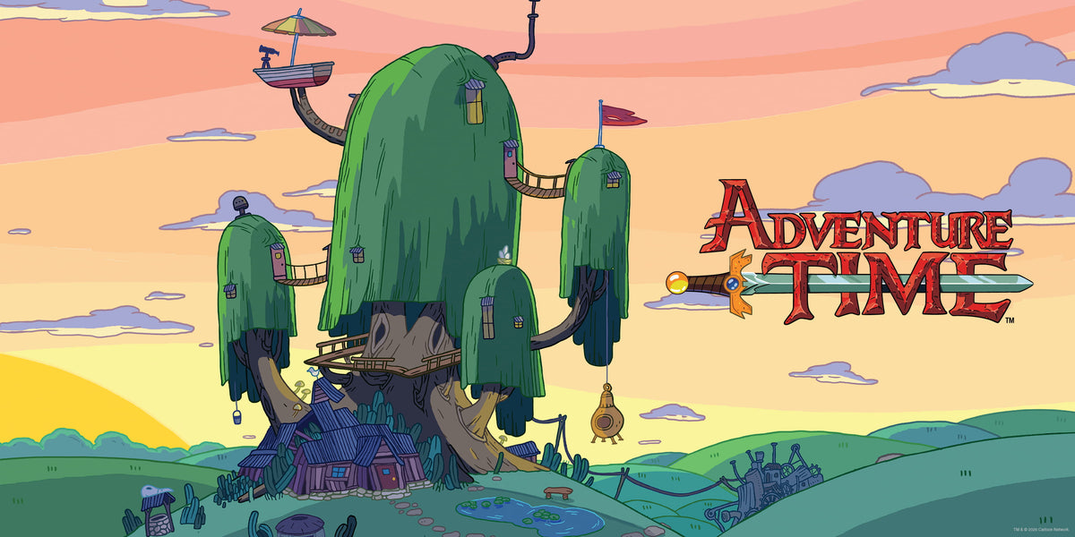 Adventure Time cartoon artwork showing the treehouse village at sunset with the Adventure Time logo on the right.