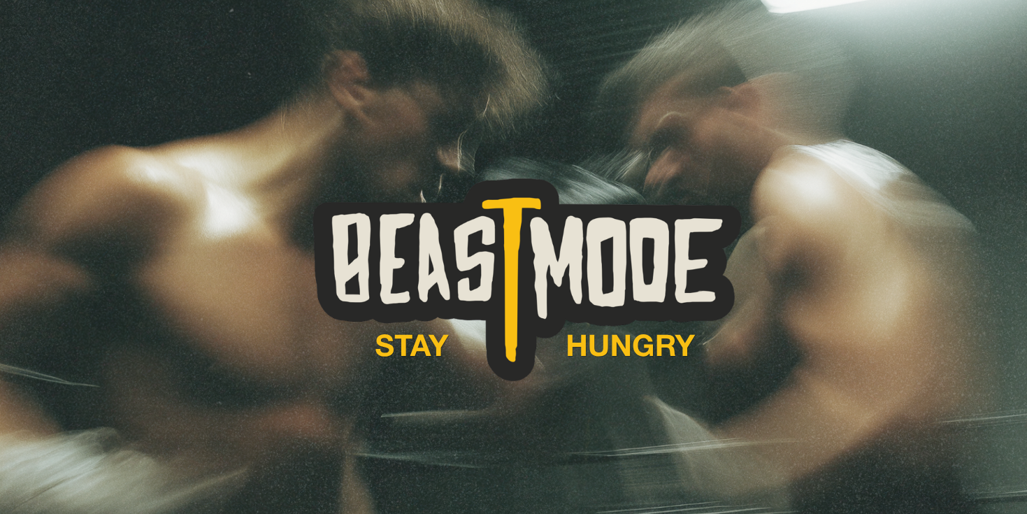 Two muscular individuals in a gym setting with 'Beast Mode' logo overlay.