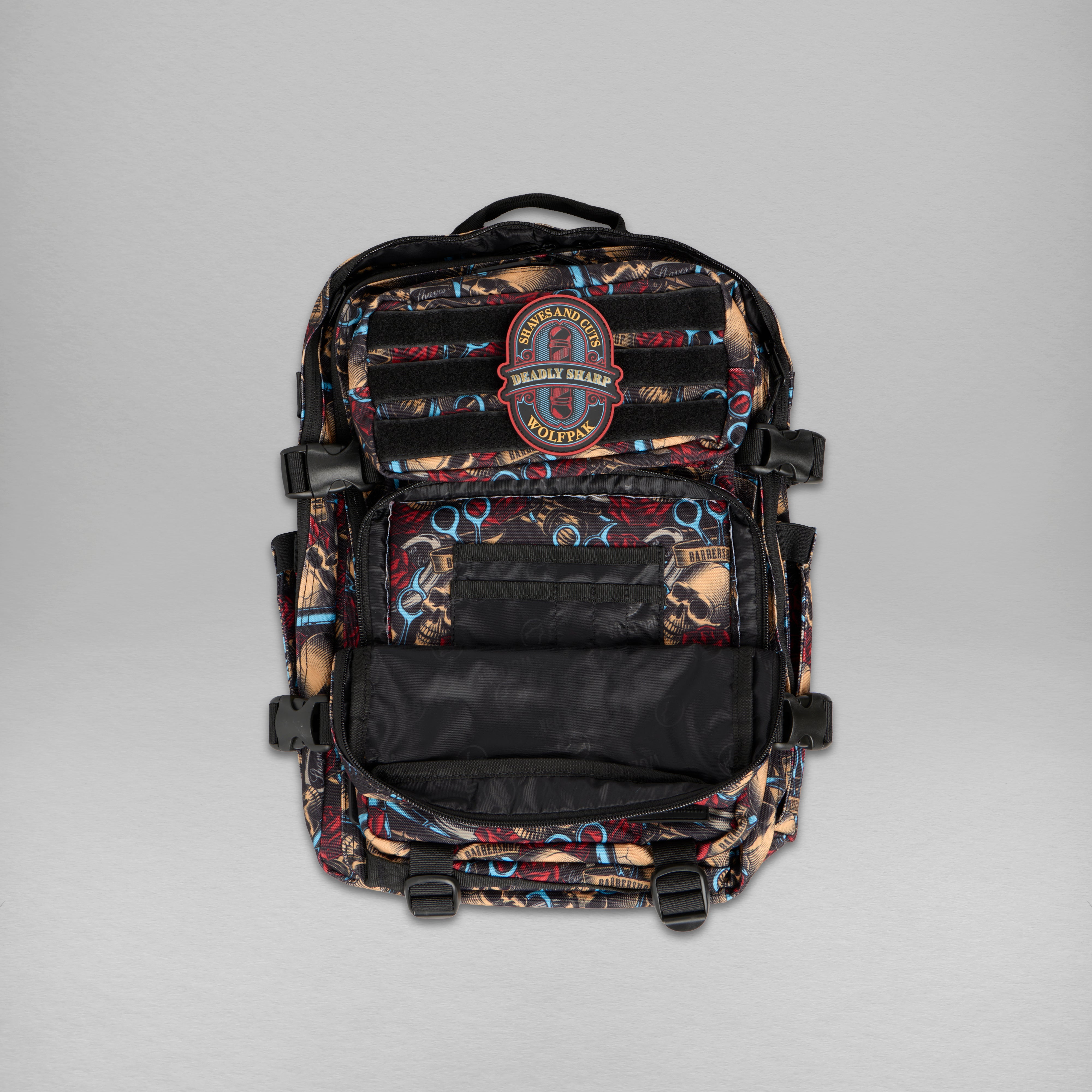 Backpack with colorful pattern and brand logo on a gray background