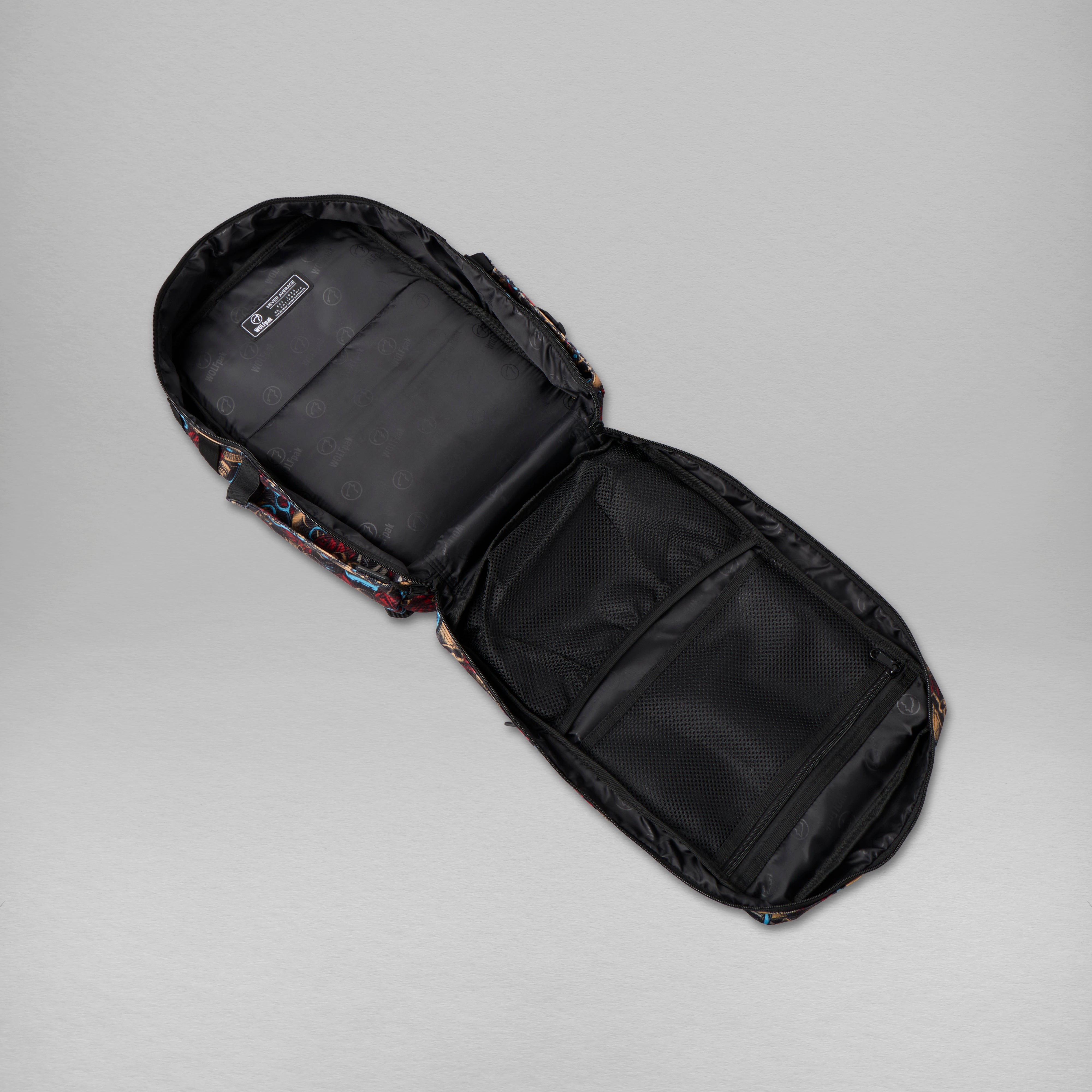 Black backpack with floral pattern on a gray background