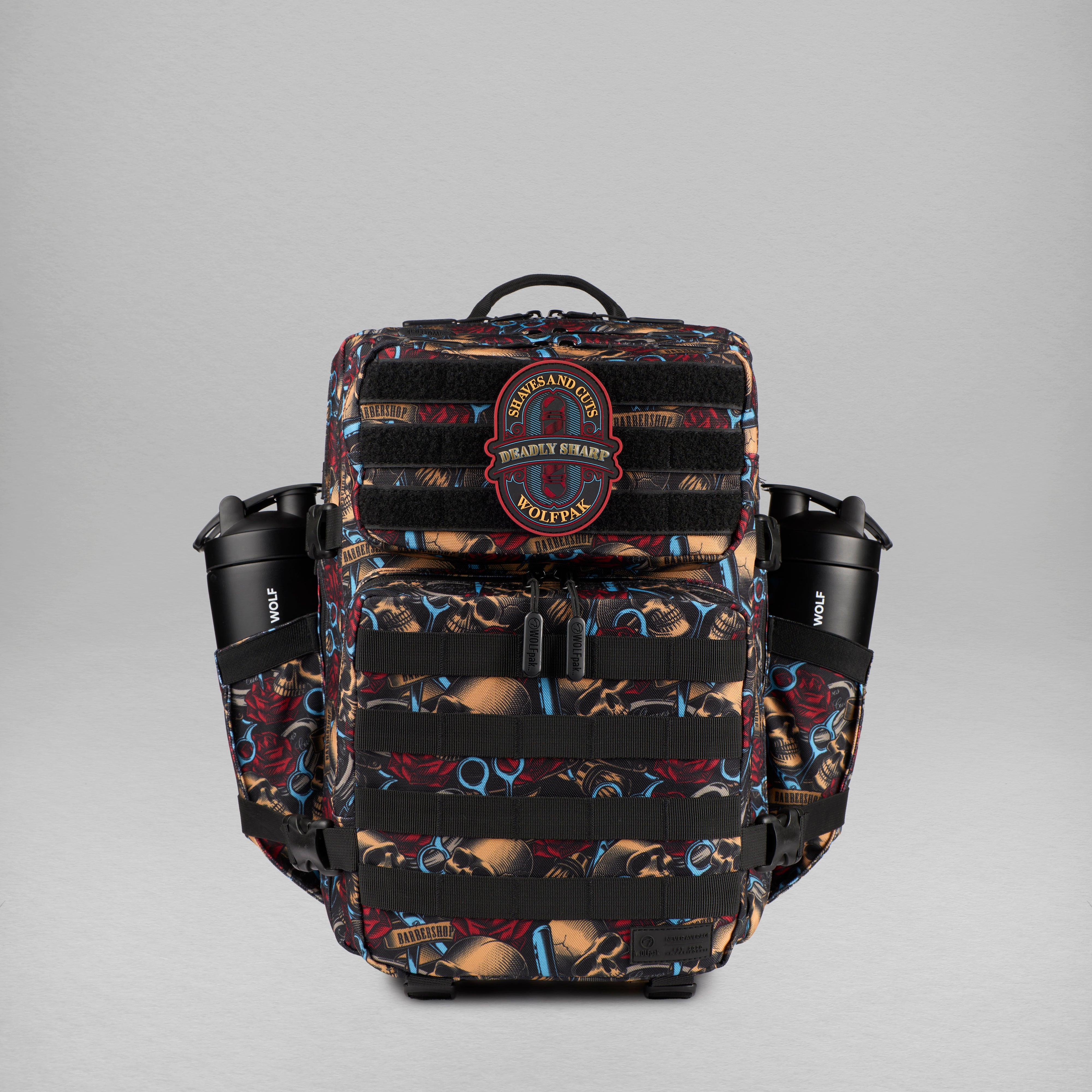 Multicolored backpack with a brand logo on a gray background