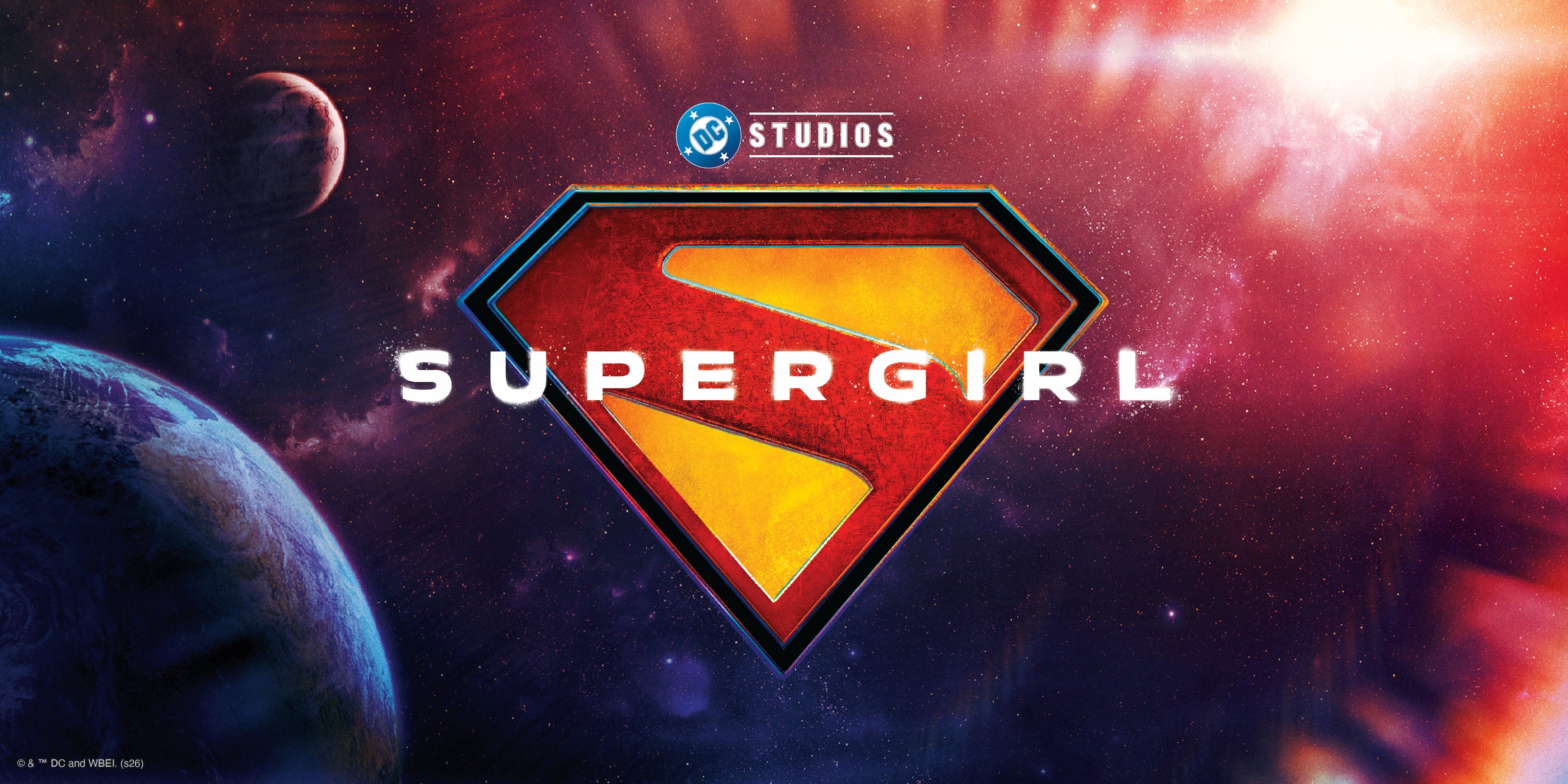 Supergirl logo with space-themed background