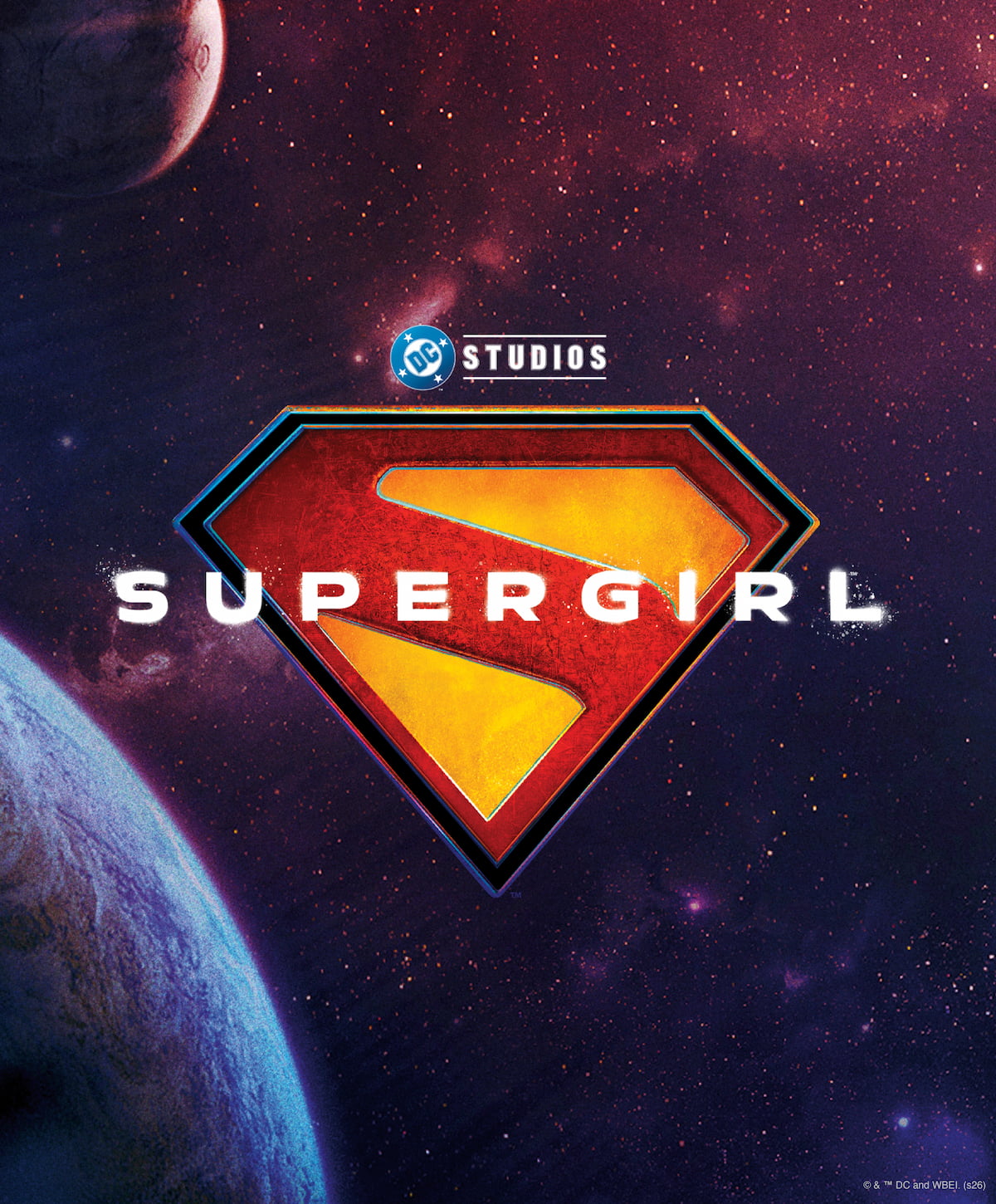Supergirl logo with space-themed background