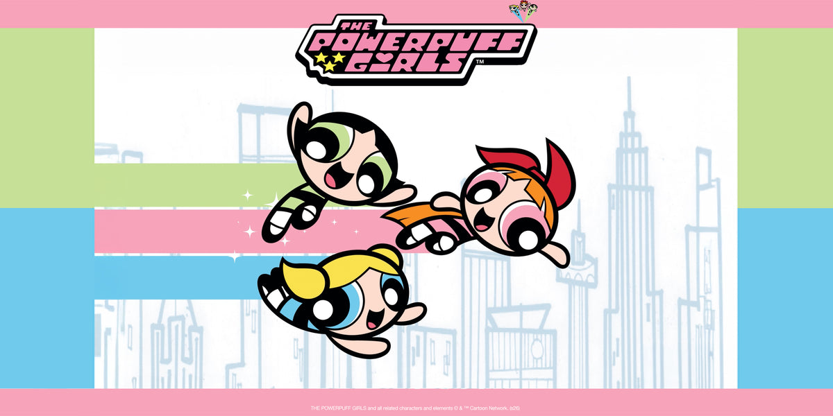 A colorful Powerpuff Girls graphic featuring the three cartoon characters flying over a stylized city skyline, with the Powerpuff Girls logo at the top and pink, green, and blue horizontal stripes across the center.