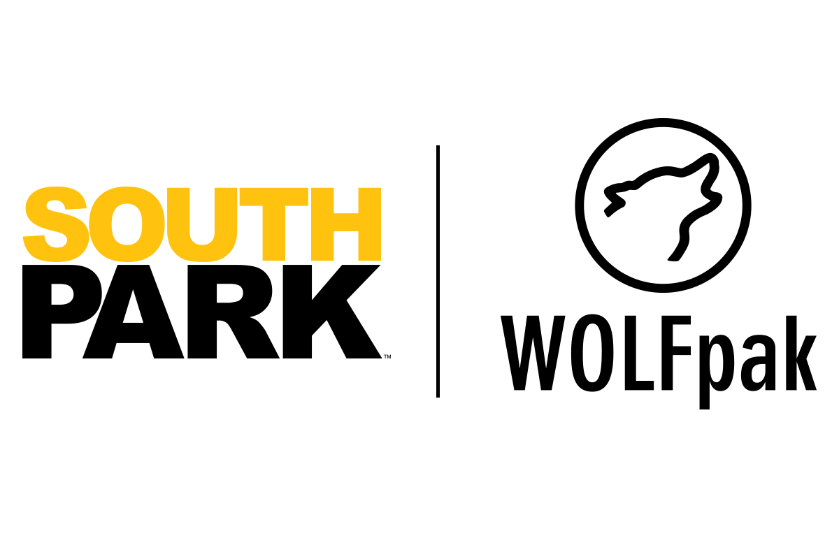 South Park and Wolfpack logos side by side on a white background, with SOUTH PARK in yellow and black and WOLFpack in black with a wolf silhouette inside a circle.