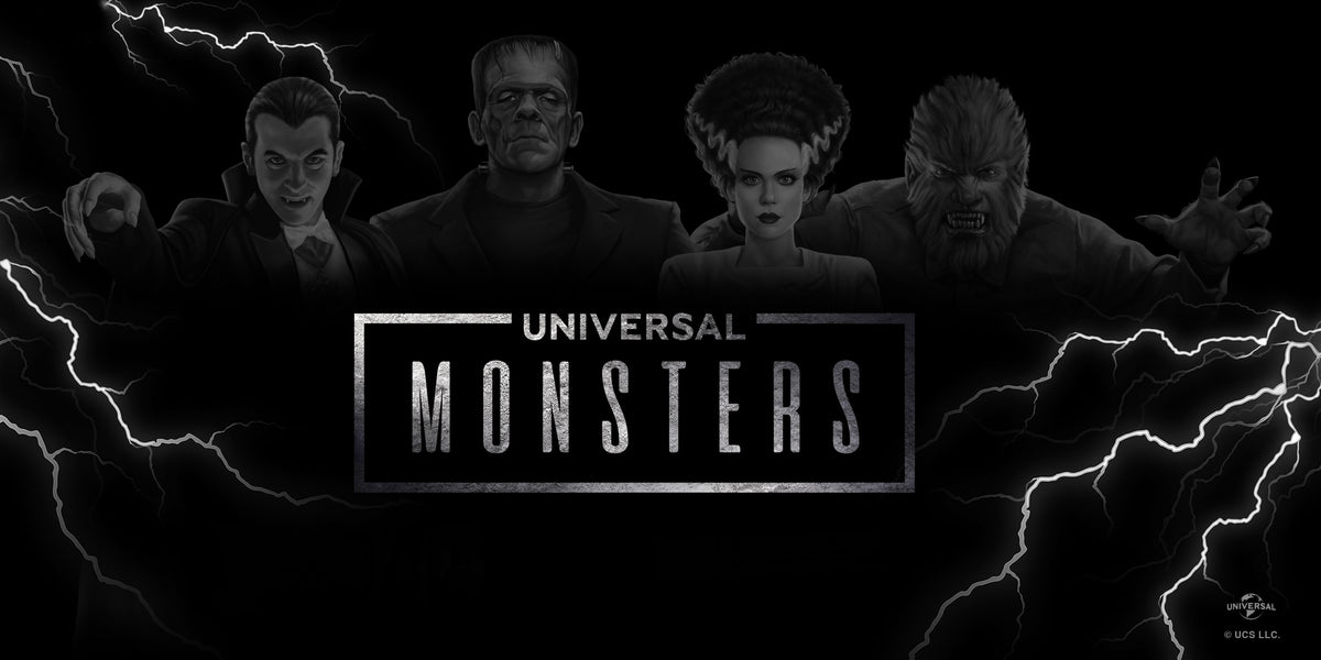 A black-and-white promotional graphic for Universal Monsters, showing four classic monster characters against a dark background with lightning effects and the title 'UNIVERSAL MONSTERS' in the center.