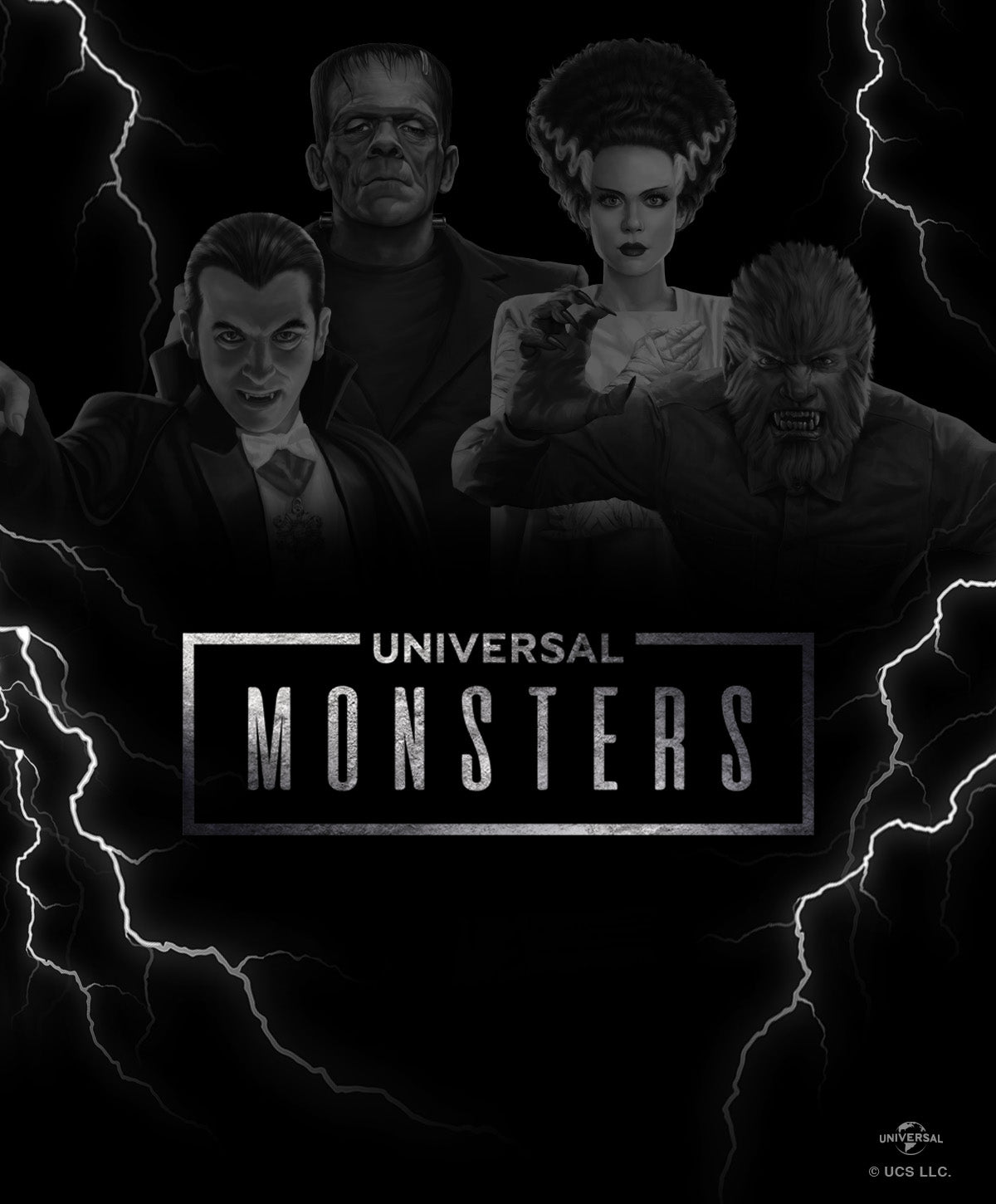 Promotional poster art for Universal Monsters featuring Frankenstein's monster, Dracula, Bride of Frankenstein, and Wolf Man in black and white, with lightning bolts on a black background and the title 'Universal Monsters' in the center.