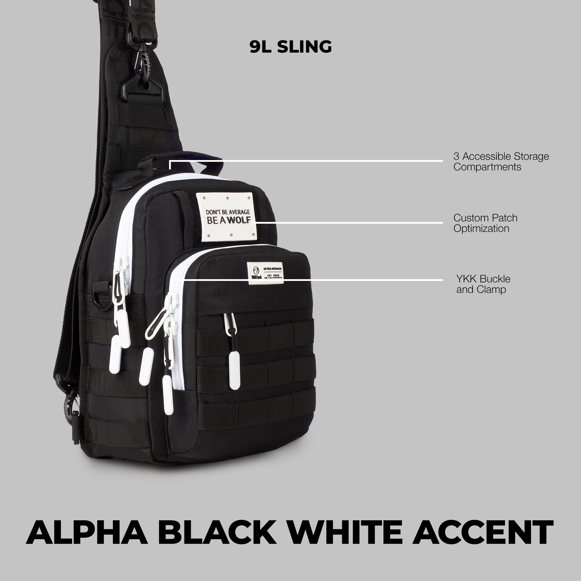 Sac à bandoulière tactique Alpha 9L noir avec accents blancs