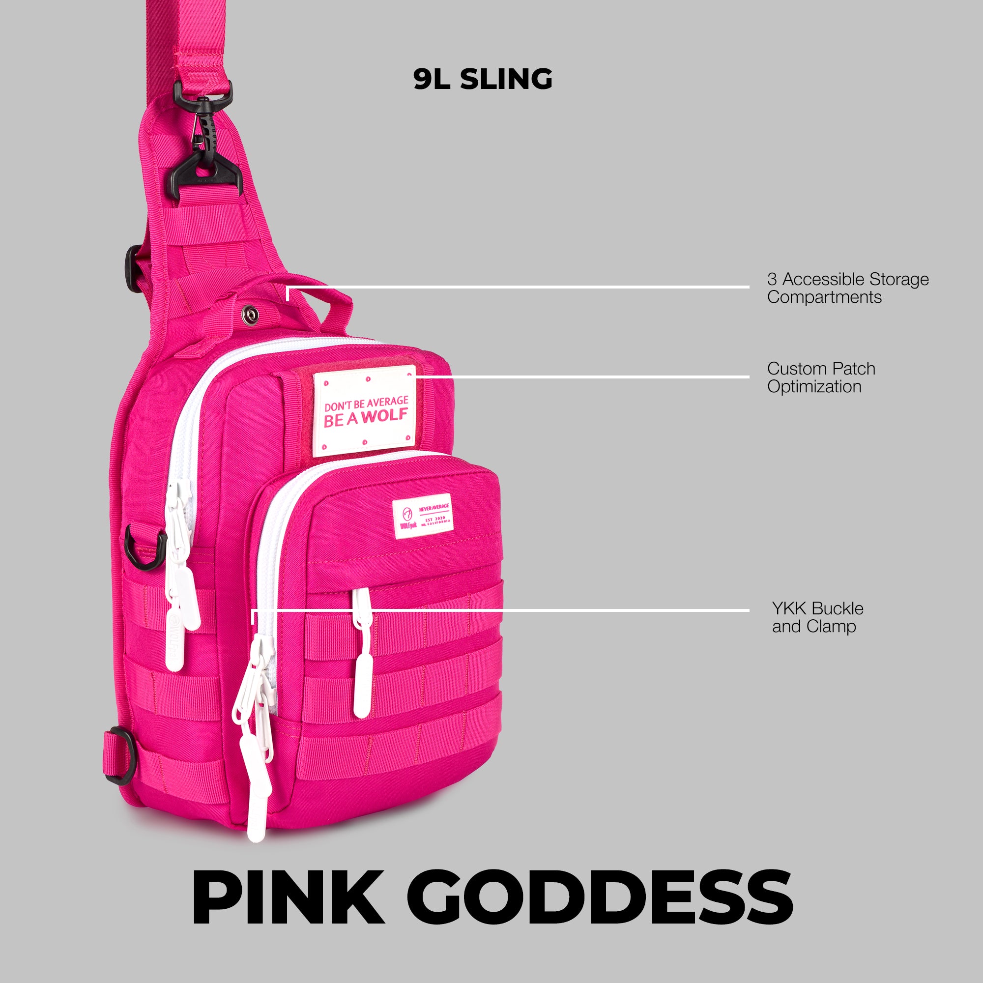 Bright pink sling backpack with white zippers and white text patches, shown on a light gray background with callout lines and text describing features like the 9L sling, 3 accessible storage compartments, custom patch optimization, and YKK buckle and clasp.