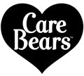 A black heart-shaped sticker or patch with the words 'Care Bears' in white lettering, centered on a white background.