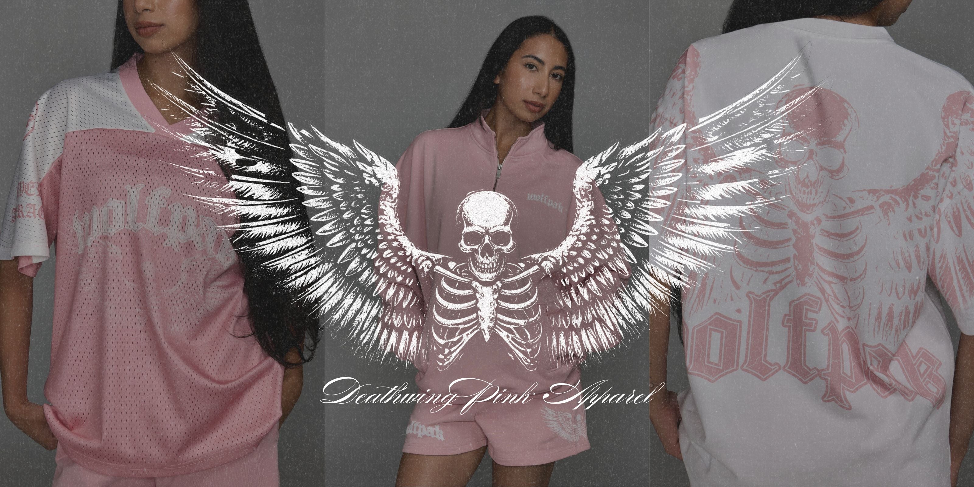 Three models display a pink and white Deathwave's Pink Apparel collection, featuring a pink mesh t-shirt, matching shorts, and a white t-shirt with a pink winged skeleton graphic. A large white winged skeleton graphic with the text 'Deathwave's Pink Apparel' is superimposed in the center over a gray background.