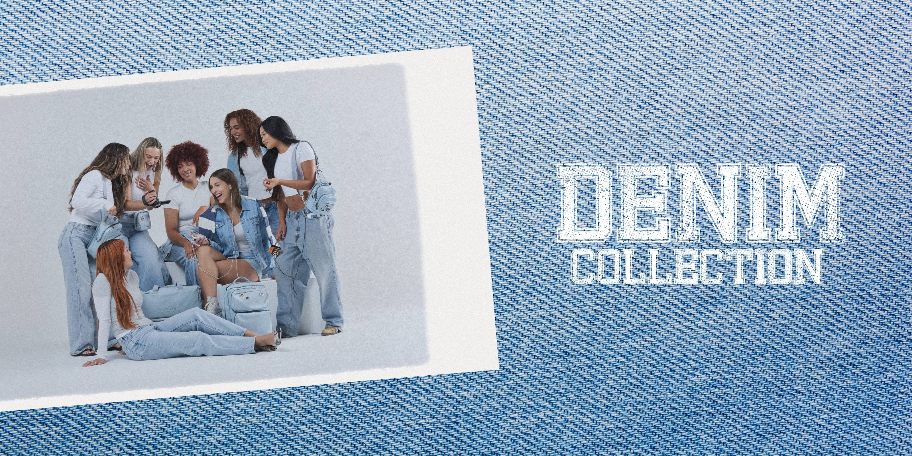 A denim-texture graphic with a tilted inset photo of a group of young people wearing light blue jeans, alongside the words 'DENIM COLLECTION' in white on the right.