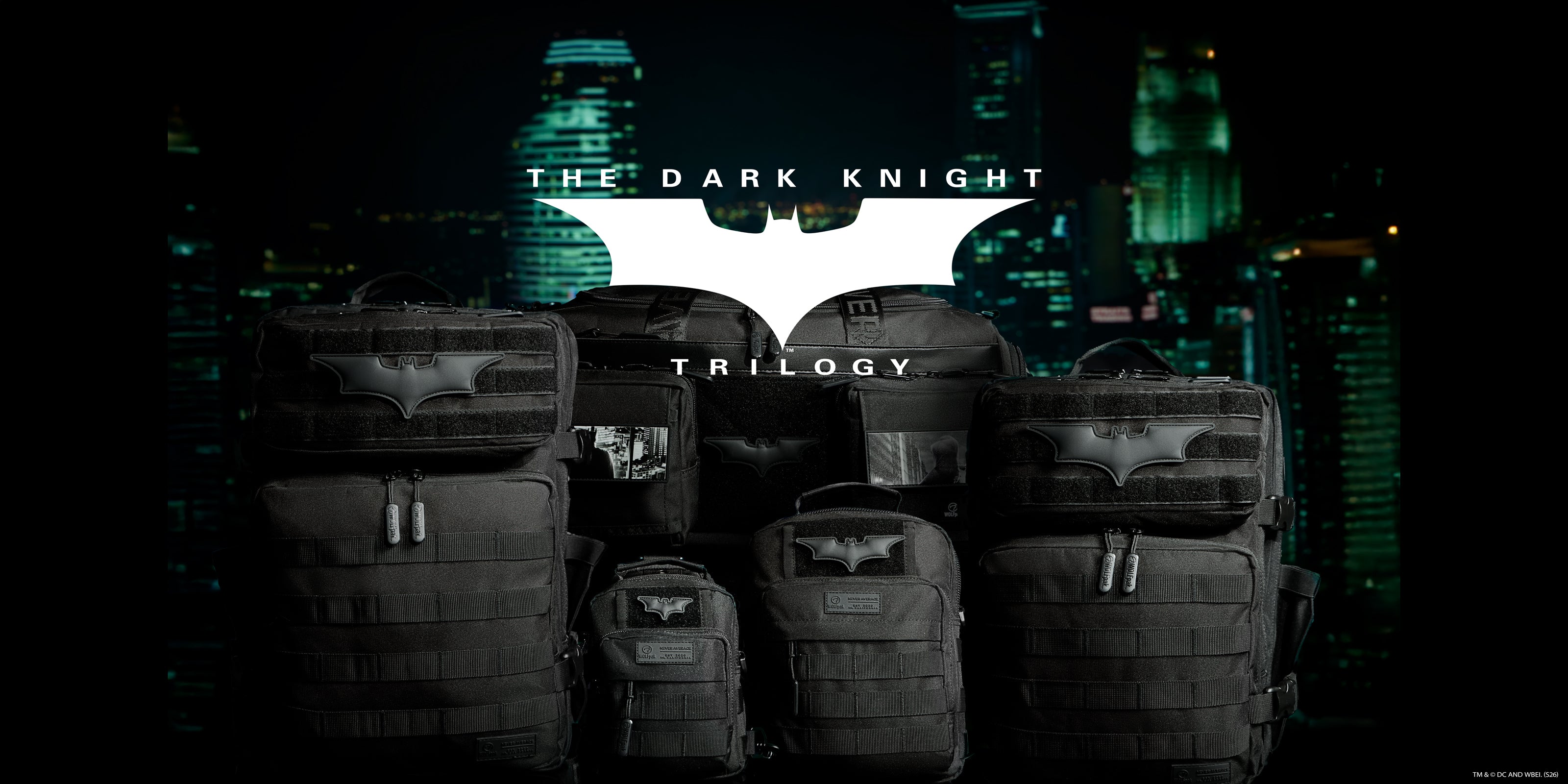 Batman logo on a dark background with 'The Dark Knight Trilogy' text.