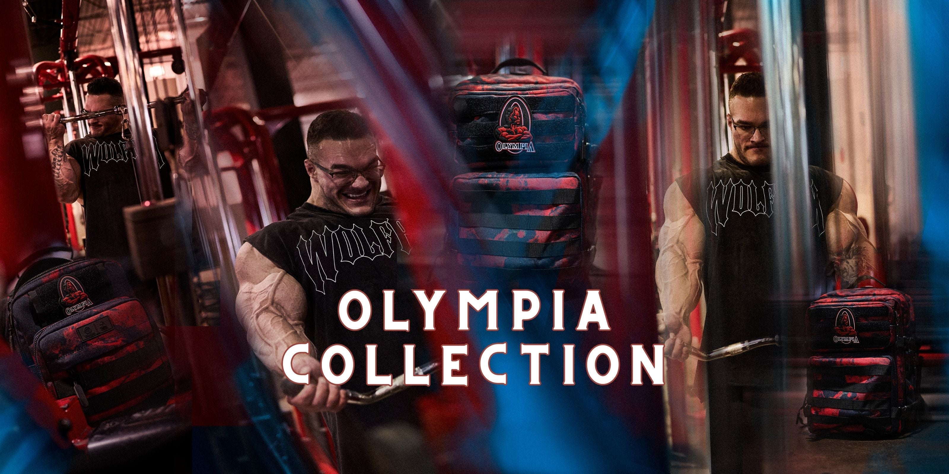 A promotional collage for the Olympia Collection featuring Nick Walker in a gym setting, shown multiple times with a black and red backpack and a black sleeveless athletic shirt. Large white text in the center reads 'OLYMPIA COLLECTION'.