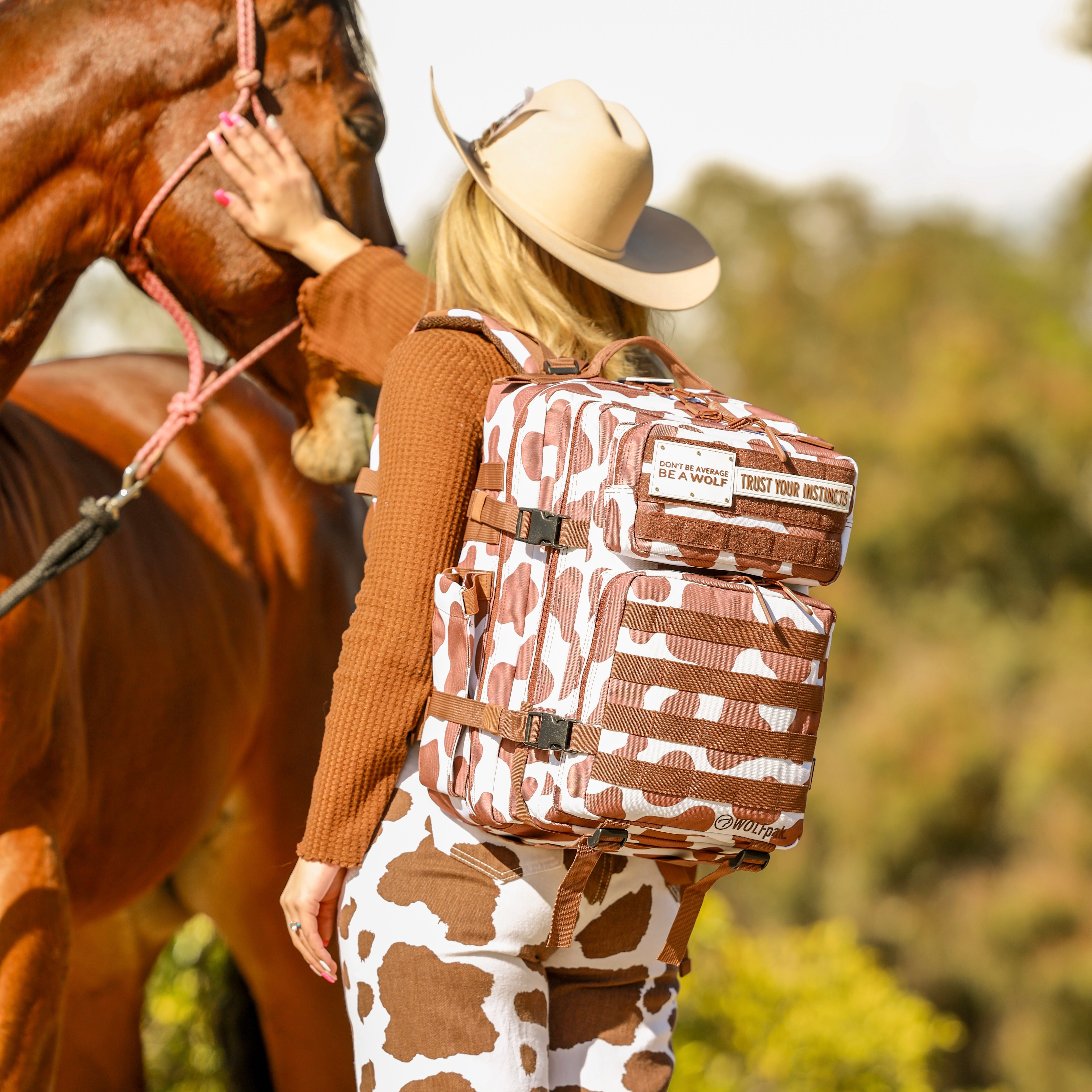 35L Backpack Brown White Cow